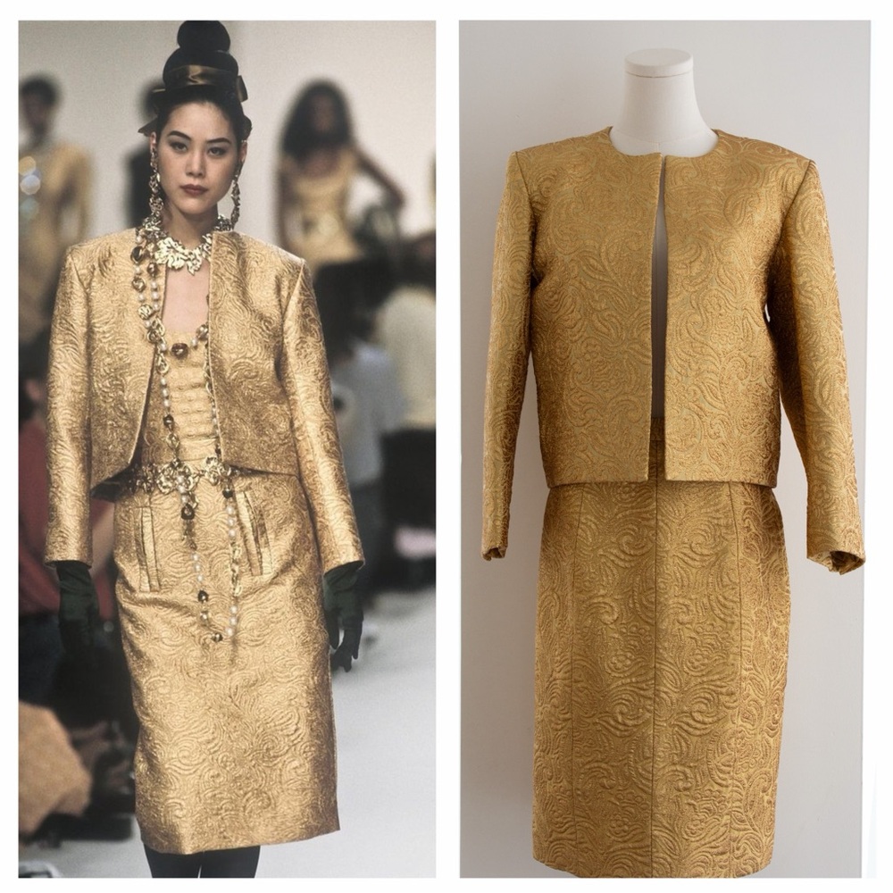 Yves Saint Laurent Rive Gauche Vintage F/W 1991 Gold Brocade Jacket Skirt Suit